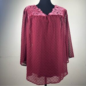 Style & Co Swiss Dot & Velvet Top Plus Size 2X Burgundy 3/4 Sleeve Attached Cami